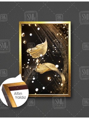 SML Tablo Gold Yapraklar ve Inciler Dikey Çerçeveli Kanvas Tablo
