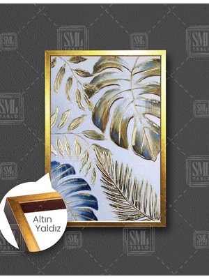 SML Tablo Gold Tropik Yapraklar Dikey Çerçeveli Kanvas Tablo