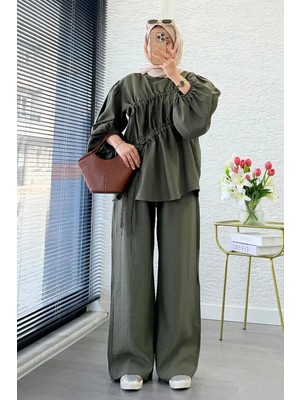 Miraydin Butik Kadın Büzgü Detaylı Pantolon Takım M61879 - Haki