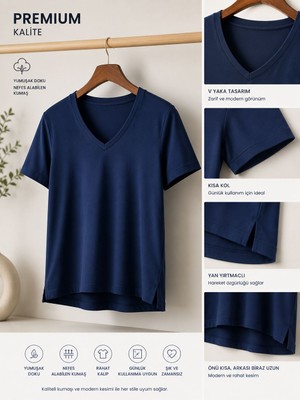 Parkur V Yaka Yırtmaç Detaylı Modal T-Shirt – Siyah