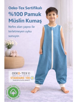 Pamuk Pazen Çift Kat Müslin Bebek Uyku Tulumu - Mavi Renk Yazlık 0.5 Tog Terletmeyen Tulum