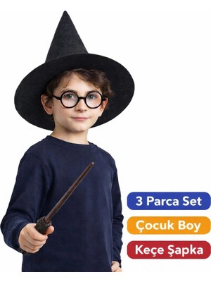 Sepetopia Harry Potter Tarzı Çocuk Seti (Siyah Keçe Şapka, Asa, Gözlük)