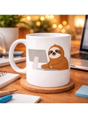 Renas Store Bilgisayar Başında Tembel Hayvan Desenli Porselen Kupa Model 113 – Sevimli Sloth Tasarımlı Ofis & K