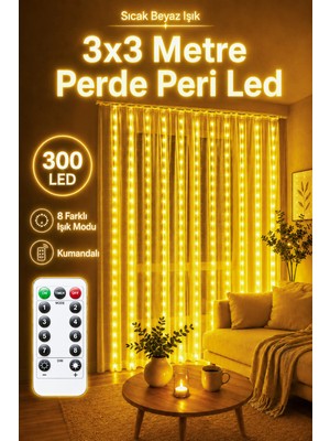 Telvesse 8 Mod Perde Ledi 300 LED 3X3M 10 Sarkıt LED Yılbaşı Oda Dekoru Kumandalı Peri Perde LED
