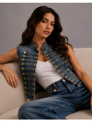 Qimya Butik Nox Kadın Agraf Kapamalı Süvari Model Çift Sıra Sarı Düğmeli Premium Kot Yelek