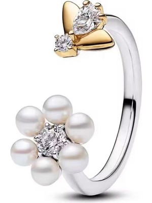 Poseidons Jewellery S925 Bridgerton Arı ve Işlenmiş Tatlı Su Kültür Incisi Çiçek Açık Halka Yüzük