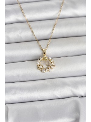 Toyigoo Mey Ithalat® 316L Çelik Zincir Gold Renk Incili Çiçek Model Kadın Koyle TYGRSYT9573