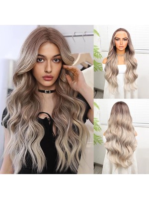Liyuza Rus Kumralı Beyaz Platin Ombre  ve Röfleli Fiber Sentetik Geniş Dalgalı Tül Peruk