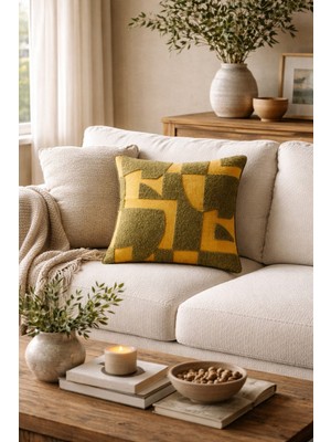 Casa Naturale Art Haki Punch Nakışlı, Fermuarlı, Keten Görünümlü Polyester Dekoratif Yastık Kılıfı 7127-08-601