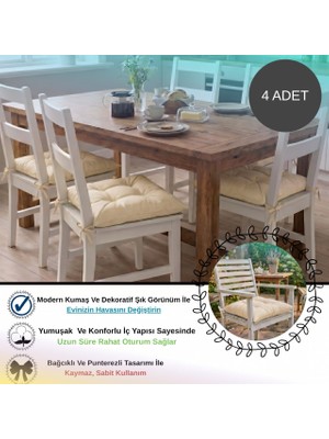 Bhomes Concept 4 Adet - 40x40 Cm Lüks Süet Dokulu Bej Sandalye Minderi - %100 Silikon Elyaf Dolgulu Yıkanabilir Minder