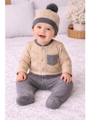 Andywawa AC24159 Little Zebra Bebek Tulum Takım Beige Grey