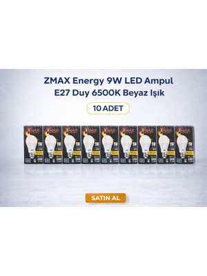 Star Light Zmax Energy 9W LED Ampul E27 Duy 6500K Beyaz Işık 720 Lümen 60W Eşdeğer Enerji Tasarruflu 10 Adet