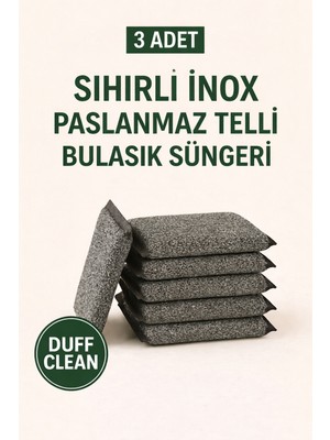 Duff Clean 3 Adet Sihirli Inox Telli Bulaşık Süngeri Paslanmaz Yüzeyler İçin Etkili Temizlik