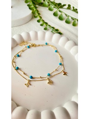 Jewelry Ikili Mavi Boncuklu Kelebekli Halhal
