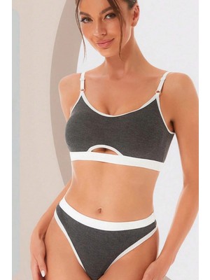 Modadua Kadın Gri Antrasit Kaşkorse ve Beyaz Lastikli Cut-Out Tanga Külotlu Takım