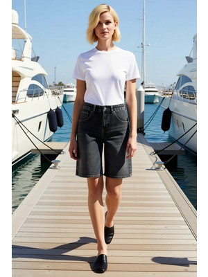 Benerly Kadın Yüksek Bel Bermuda Düz Denim Boru Paça Kısa Boy Rigid Dokuma Yaz Sezonu Modern