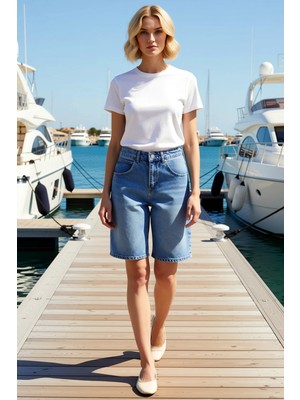 Benerly Kadın Yüksek Bel Bermuda Düz Denim Boru Paça Kısa Boy Rigid Dokuma Yaz Sezonu Modern