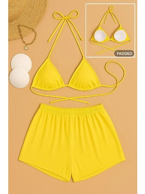 Modadua Kadın Sarı Şortlu Belden ve Boyundan Bağlamalı Bikini Takımı
