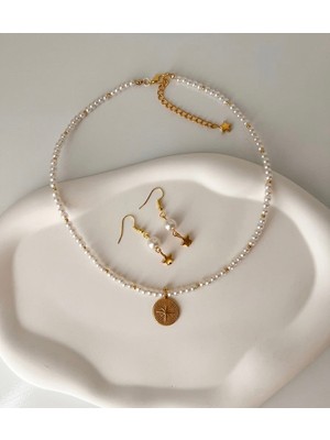 Lumea Mama Minimal Inci Kolye ve Yıldız Küpe Seti Gold Renk Şık Kadın Takı Seti