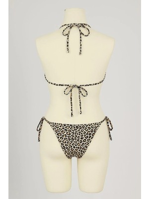 Modadua Kadın Siyah ve Leopar Detaylı Yandan Bağlamalı Bikini Takımı