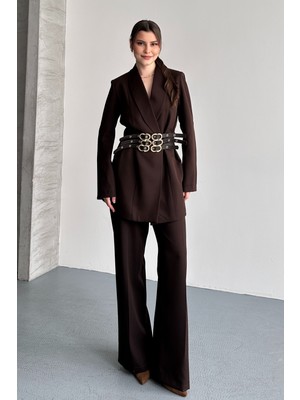 Moda Armanc Kadın Ikili Blazer Ceket ve Palazzo Pantolon - 3 Kemerli Blazer Ceket Gold Tokalı Kruvaze Kesim