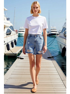 Benerly Kadın Mini Şort Yüksek Bel Yırtıklı Slim Kalıp Düz Desen Non Stretch Denim Dayanıklı