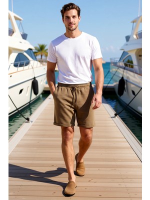 Benerly Erkek Şort Bermuda Beli Lastikli Dokuma Görünümlü Düz Desen Regular Boy Modern