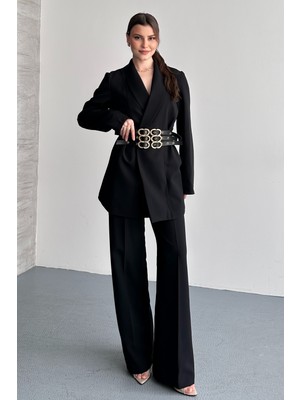 Moda Armanc Kadın Ikili Blazer Ceket ve Palazzo Pantolon - 3 Kemerli Blazer Ceket Gold Tokalı Kruvaze Kesim