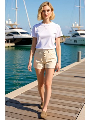 Benerly Kadın Mini Şort Yüksek Bel Düğmeli Geniş Paça Denim City Short Kalıp Rigid Dokuma Düz Desen
