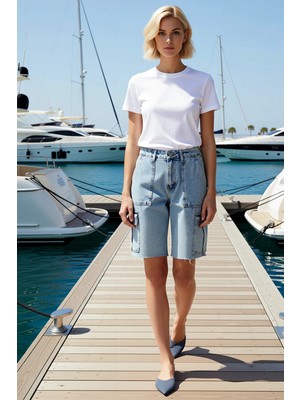 Benerly Kadın Yüksek Bel Kargo Cep Denim Bermuda Ham Paça Düz Desen Rigid Dokuma Yazlık Spor
