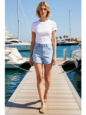 Benerly Kadın Şort Yüksek Bel Geniş Paça Düz Desen Denim City Short Rahat Kesim Yazlık Kısa Şık
