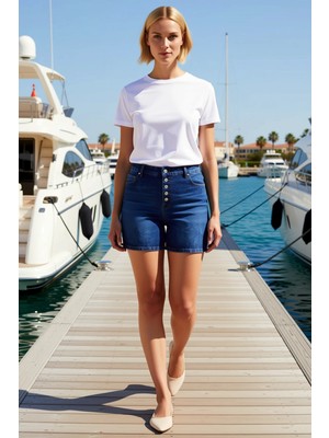 Benerly Kadın Mini Şort Yüksek Bel Lastik Detaylı Önden Düğmeli Düz Kesim Non Stretch Rigid Denim