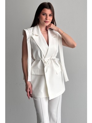 Moda Armanc Kadın Yelek Pantolon Alt Üst Takım Kuşak Detaylı Blazer Yelek Palazzo Pantolon Şık Ikili Takım