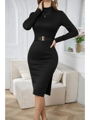 Kadın Uzun Kollu Balıkçı Yaka Kemerli Midi Sıvama Deri Elbise