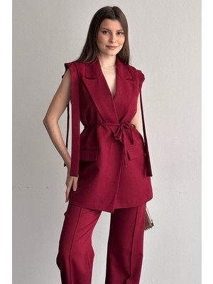 Moda Armanc Kadın Yelek Pantolon Alt Üst Takım Kuşak Detaylı Blazer Yelek Palazzo Pantolon Şık Ikili Takım