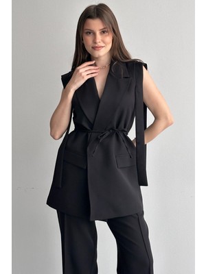 Moda Armanc Kadın Yelek Pantolon Alt Üst Takım Kuşak Detaylı Blazer Yelek Palazzo Pantolon Şık Ikili Takım