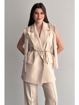 Moda Armanc Kadın Yelek Pantolon Alt Üst Takım Kuşak Detaylı Blazer Yelek Palazzo Pantolon Şık Ikili Takım