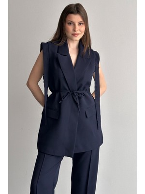 Moda Armanc Kadın Yelek Pantolon Alt Üst Takım Kuşak Detaylı Blazer Yelek Palazzo Pantolon Şık Ikili Takım