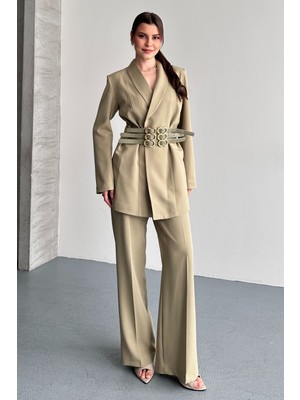 Moda Armanc Kadın Ikili Blazer Ceket ve Palazzo Pantolon - 3 Kemerli Blazer Ceket Gold Tokalı Kruvaze Kesim