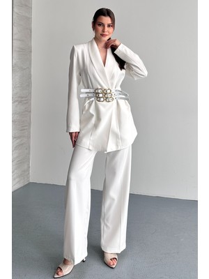 Moda Armanc Kadın Ikili Blazer Ceket ve Palazzo Pantolon - 3 Kemerli Blazer Ceket Gold Tokalı Kruvaze Kesim
