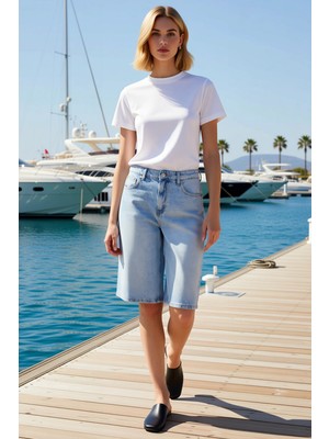 Benerly Kadın Boy Pantolon Yüksek Bel Bermuda Geniş Paça Kesim Denim Kumaş Rigid Dokuma Düz Desen Şık