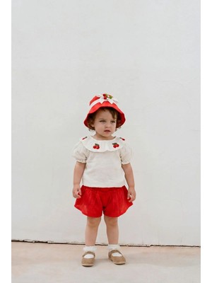 Magu Kız Bebek Pamuklu Kiraz Nakışlı Şapkalı Bluz Şort Takım