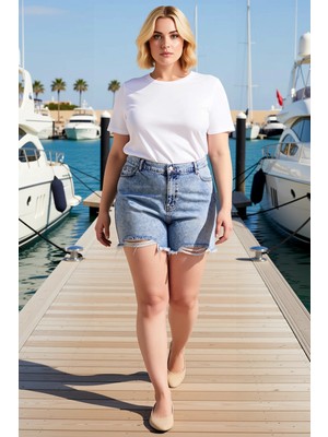 Benerly Kadın Büyük Beden Mini Şort Yüksek Bel Lastikli Yırtıklı Denim Non Stretch Düz Boru Paça
