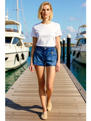 Benerly Kadın Şort Yüksek Bel Denim Boru Paça Düğme Detaylı City Short Kalıp Comfort Dokuma Kısa Boy