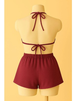 Modadua Kadın Bordo Şortlu Belden ve Boyundan Bağlamalı Bikini Takımı