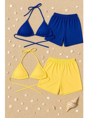 Modadua Kadın Sarı ve Mavi Şortlu Belden ve Boyundan Bağlamalı Bikini Takımı