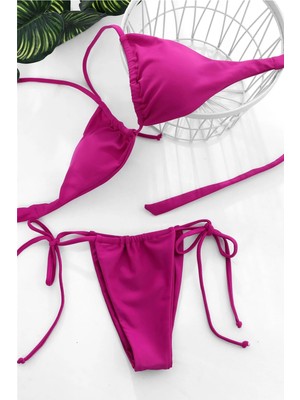 Modadua Kadın Fuşya Yandan Bağlamalı Tangalı Üçgen Bikini Mayo Takımı