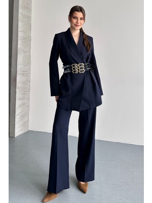 Moda Armanc Kadın Ikili Blazer Ceket ve Palazzo Pantolon - 3 Kemerli Blazer Ceket Gold Tokalı Kruvaze Kesim