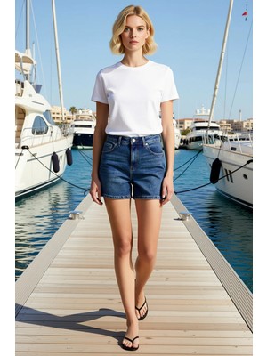 Benerly Kadın Şort Yüksek Bel City Geniş Paça Düz Desen Rigid Dokuma Kısa Boy Denim Kaliteli