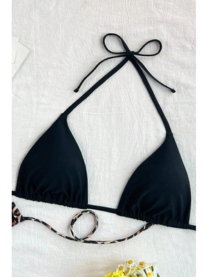 Modadua Kadın Leopar Desenli ve Siyah Minimal Kesim Üçgen Bikini Üstü